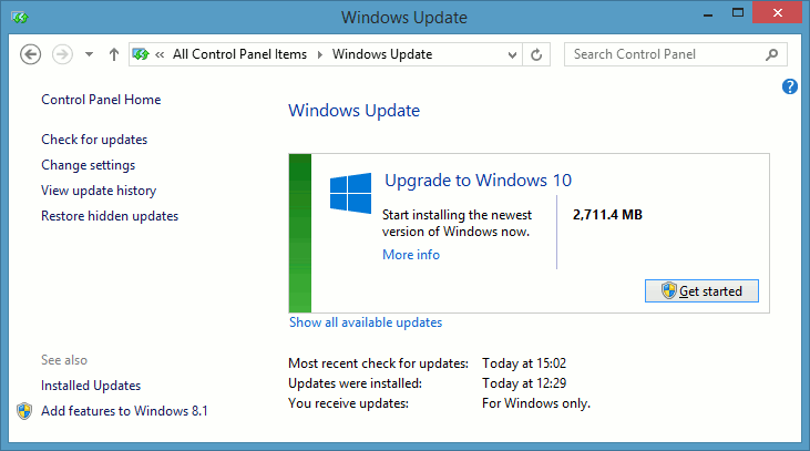 Windows 10 upgrade available in Windows Update
