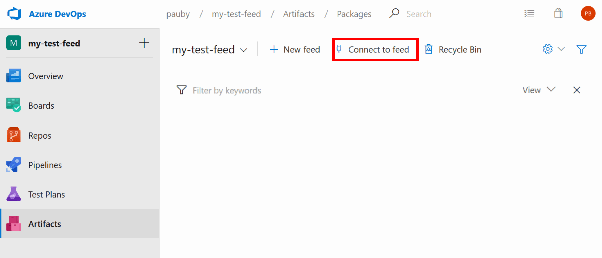 Click The Azure DevOps Artifacts Connect To Feed Button