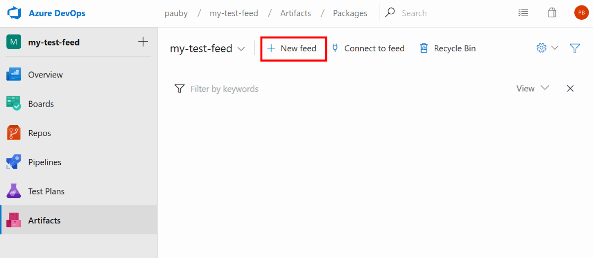 Click The Azure DevOps Artifacts New Feed Button