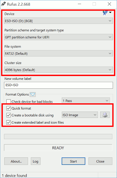 Options to select in Rufus to create a UEFI USB bootable flash drive