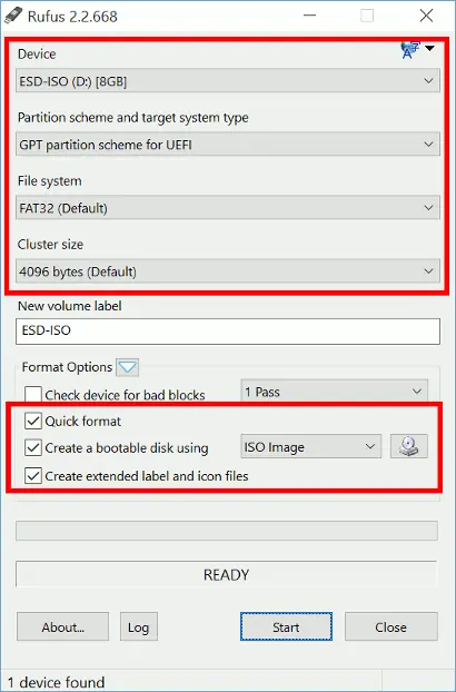 Options to select in Rufus to create a UEFI USB bootable flash drive