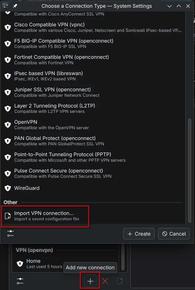 The options available in the Wi-Fi & Networking panel highlighting the option to import a configuration