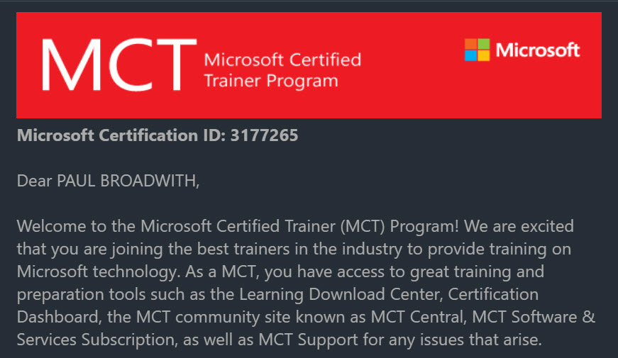 Paul Broadwith Microsoft Certified Trainer (MCT) Award Email 2020 - 2021
