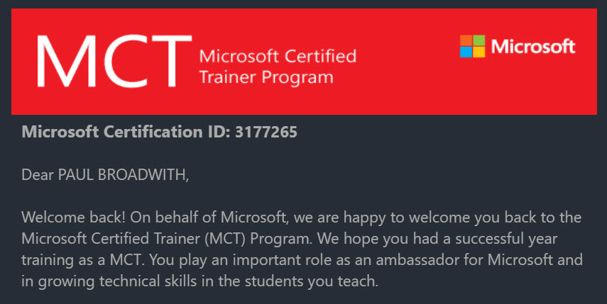 Paul Broadwith Renewal Email for the Microsoft Certified Trainer for 2021 - 2022