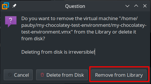 Remove the virtual machine from VMware Workstation Library. Do not select Delete from Disk!