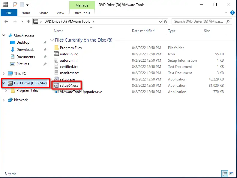 Install VMware Tools using setup64.exe.